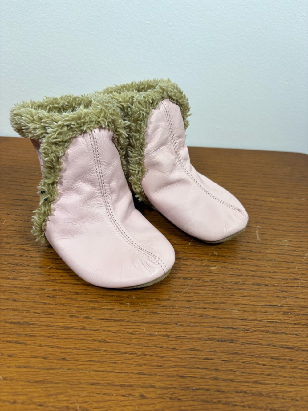 Robeez Pink Leather Infant Booties with Green Faux-Fur Cuff